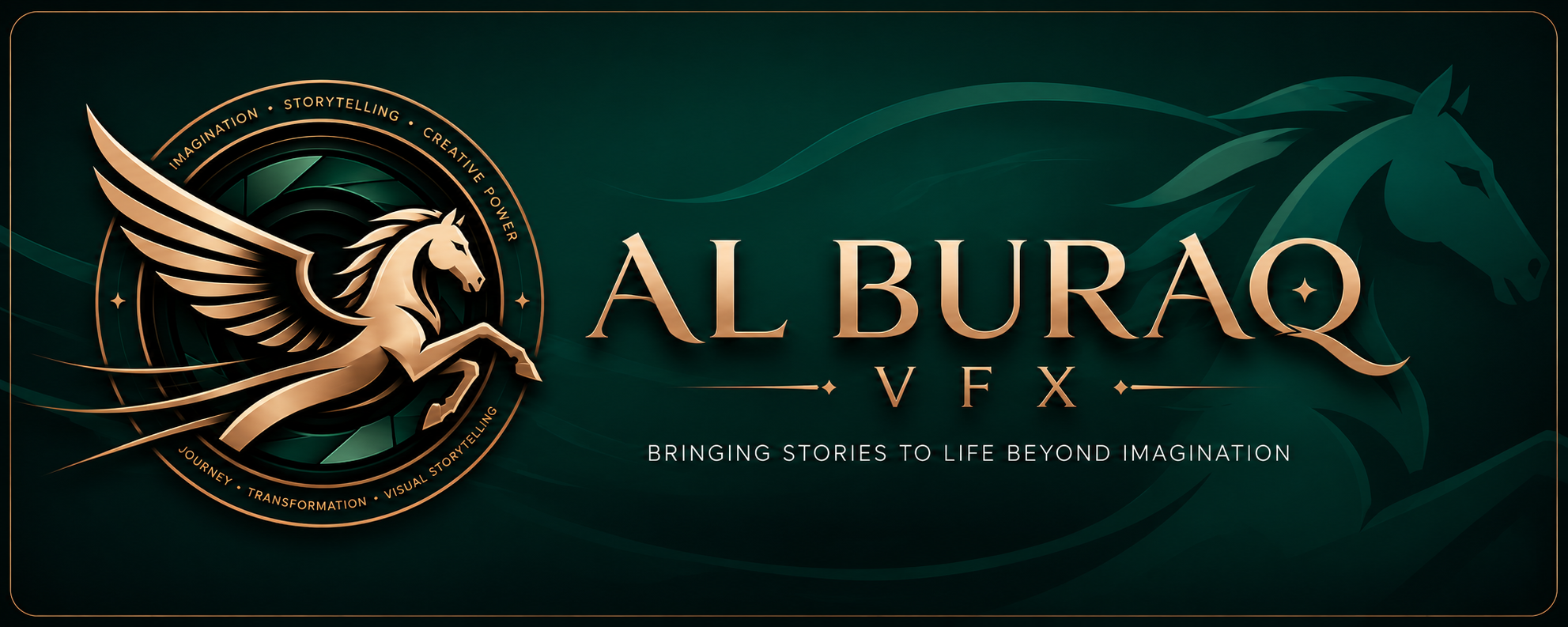 A logo for AL BURAQ VFX with a stylized winged horse or Pegasus, surrounded by the words 'Imagination,' 'Storytelling,' 'Creative Power,' 'Journey,' 'Transformation,' and 'Visual Storytelling.' The tagline reads 'Bringing Stories to Life Beyond Imagination.'