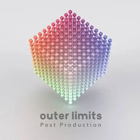 A colorful geometric 3D cube made of small cubes in rainbow colors with the text 'outer limits' and 'Post Production' beneath it.