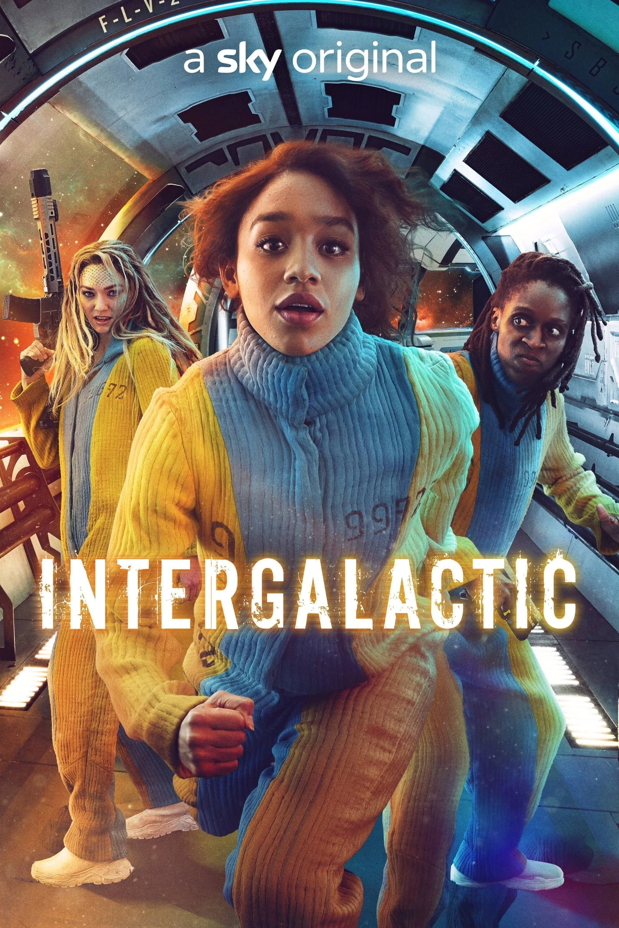 Three women in colorful sweaters standing inside a spaceship with a cosmic background, with the title 'Intergalactic' and the logo 'a sky original' at the top.