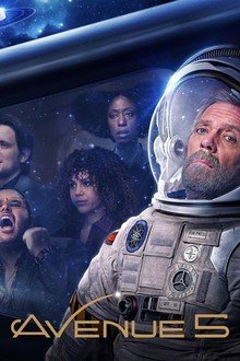 Four people and a man in a space helmet on a spaceship, with stars visible through the window, and the title 'Avenue 5' at the bottom.