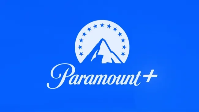 Paramount+ logo featuring a blue background, a stylized mountain with a starry circle above, and the word 'Paramount+' in cursive.