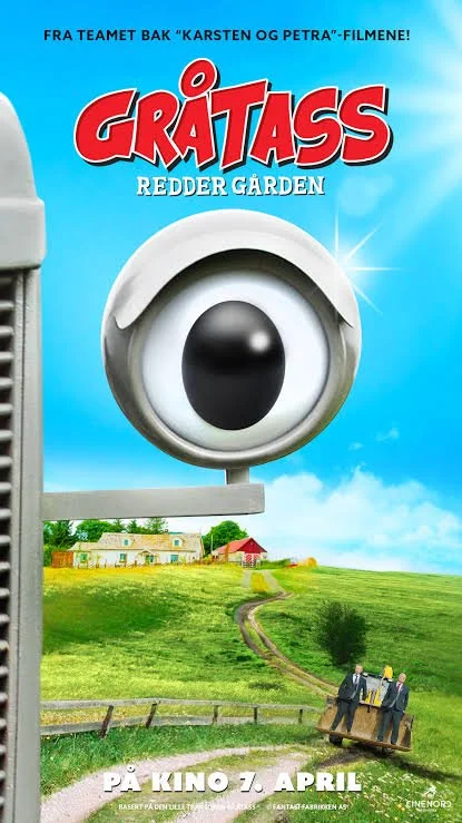Movie poster for "Gråtass Reddar Gården" showing a large eye-shaped camera with a countryside background, including fields, a farm, and a small group of people, with release date information.