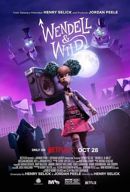 Netflix animated movie poster titled 'Wendel & Wile' showing a girl with curly green hair, holding a boombox, standing in a spooky graveyard with a full moon in the background. Two cartoonish villainous characters float in the sky, with one appearing as a ghostly sinister figure and the other as a purple monster. The poster features release date October 28.