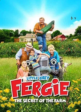 People from the TV show 'Fergie: The Secret of the Farm' pose outdoors on a farm with sunflowers, a vintage tractor, and animals including ducks and a goat.