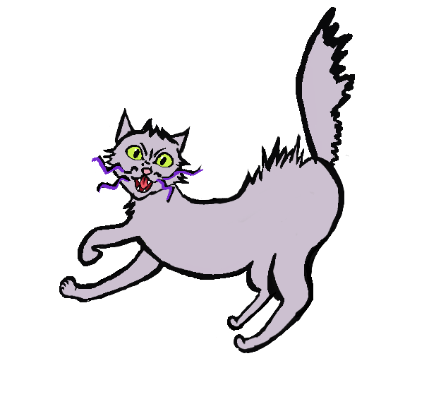Cartoon grey and black cat with green eyes, wide open mouth, showing teeth, and purple lightning bolts around its face.