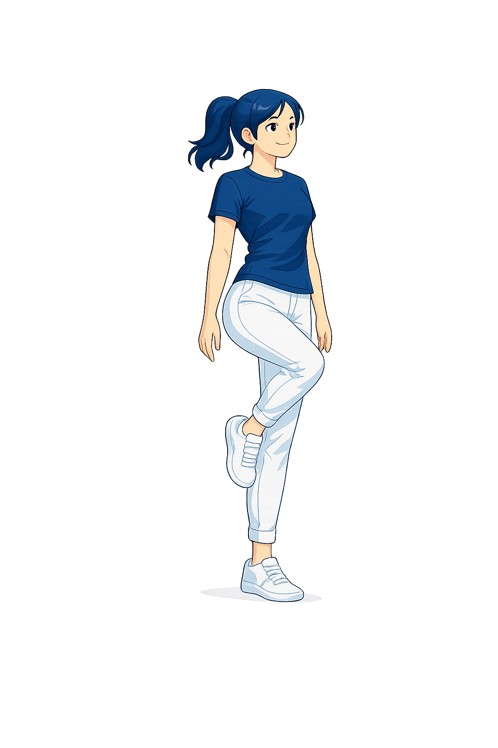 Illustration of a young woman with blue hair, wearing a blue t-shirt and white pants, doing a one-leg balance exercise posed against a dark background with glowing light.
