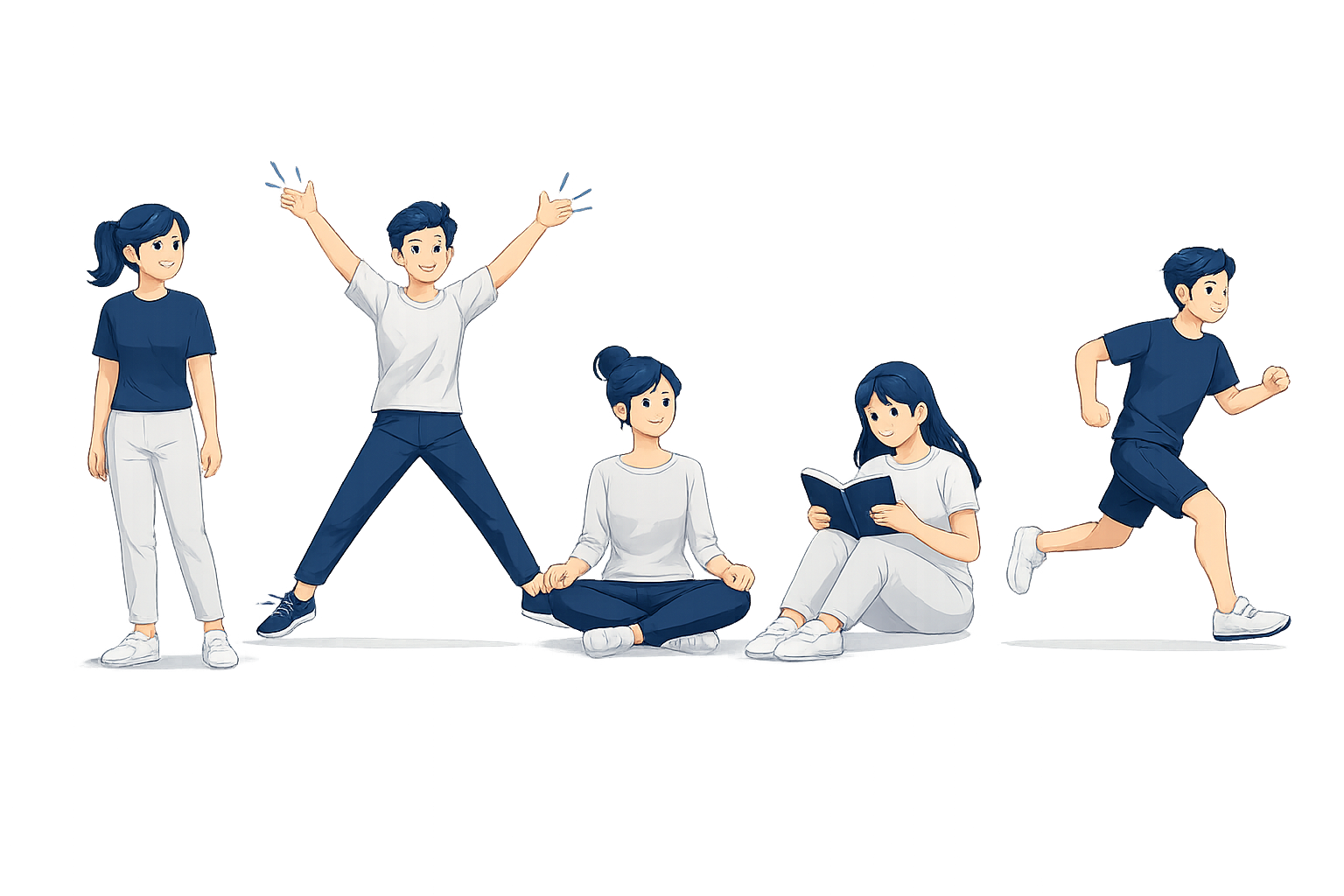 Five children in casual clothes are engaging in different activities on a stage: one girl standing with her arms at her sides, one girl sitting cross-legged and holding hands with someone, another girl sitting and reading a book, a boy jumping with a determined expression, and a girl jumping with her arms raised