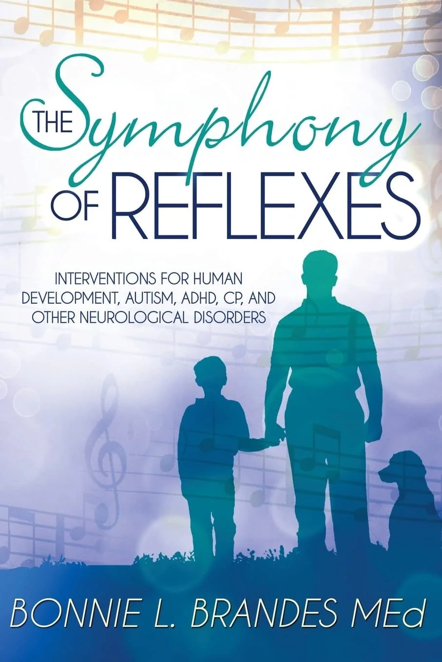 Book cover titled 'The Symphony of Reflexes' by Bonnie L. Brandes Med, with silhouettes of a child and an adult holding hands, and musical notes in the background.