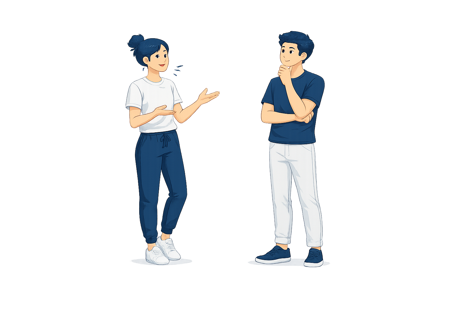 A young woman and a young man are having a conversation beside a height measurement chart. The woman is explaining, gesturing with one hand, while the man is standing with his arms crossed, listening thoughtfully.