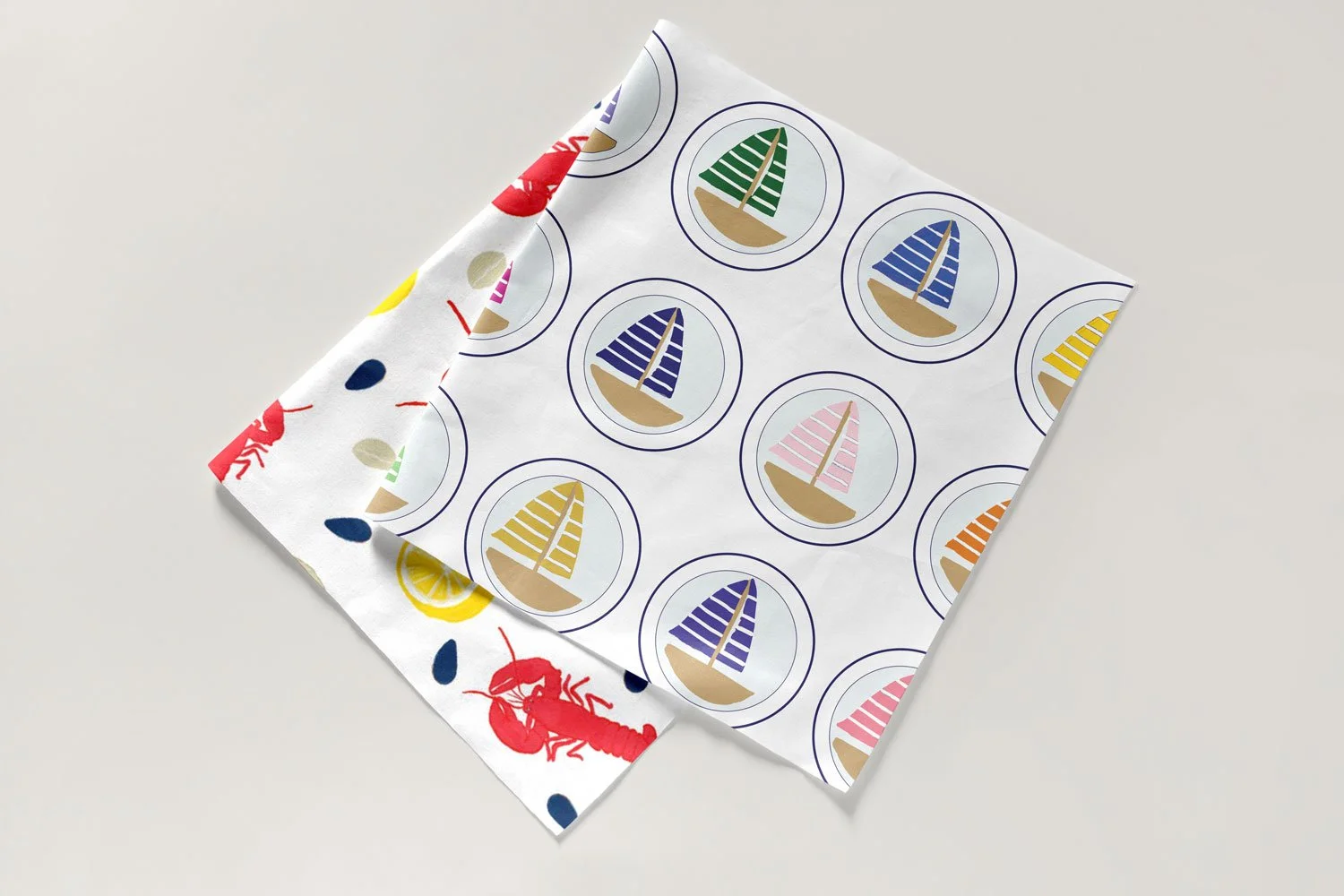 New England inspired original artwork of sailboats and lobster patterns by Victoria Louise Rudolph.