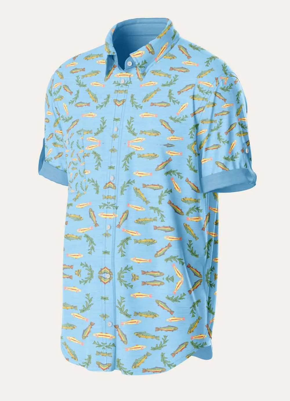 A men's sport shirt with trout and plant pattern by Studio Victoria Louise.