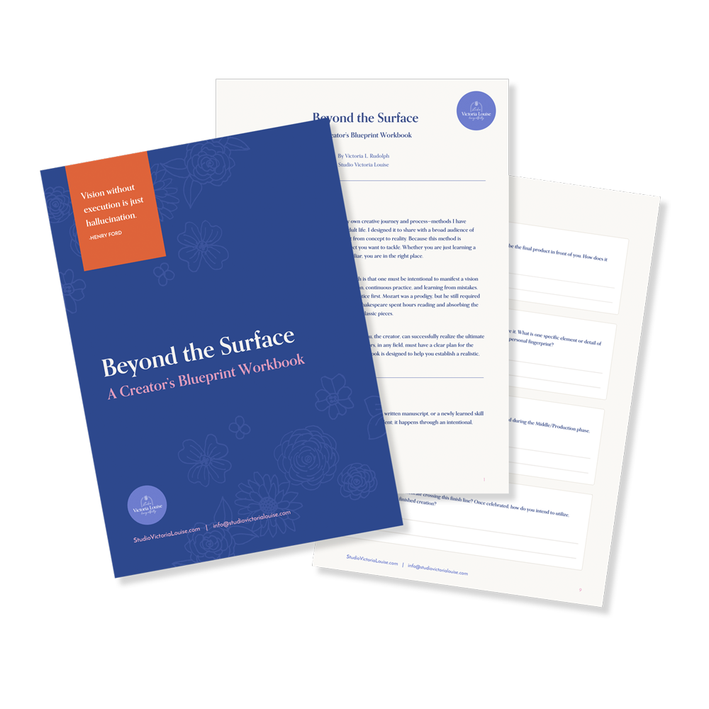 A visual sample of Beyond the Surface workbook by Victoria Louise Rudolph that walks creatives through the process of first idea to a finished product.