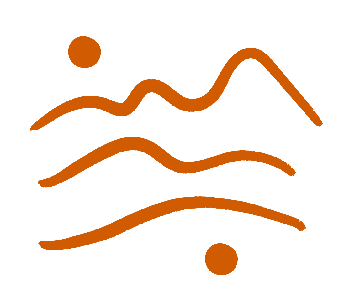 A minimalist line drawing of mountains, a sun, and water waves, all in brown on a black background.