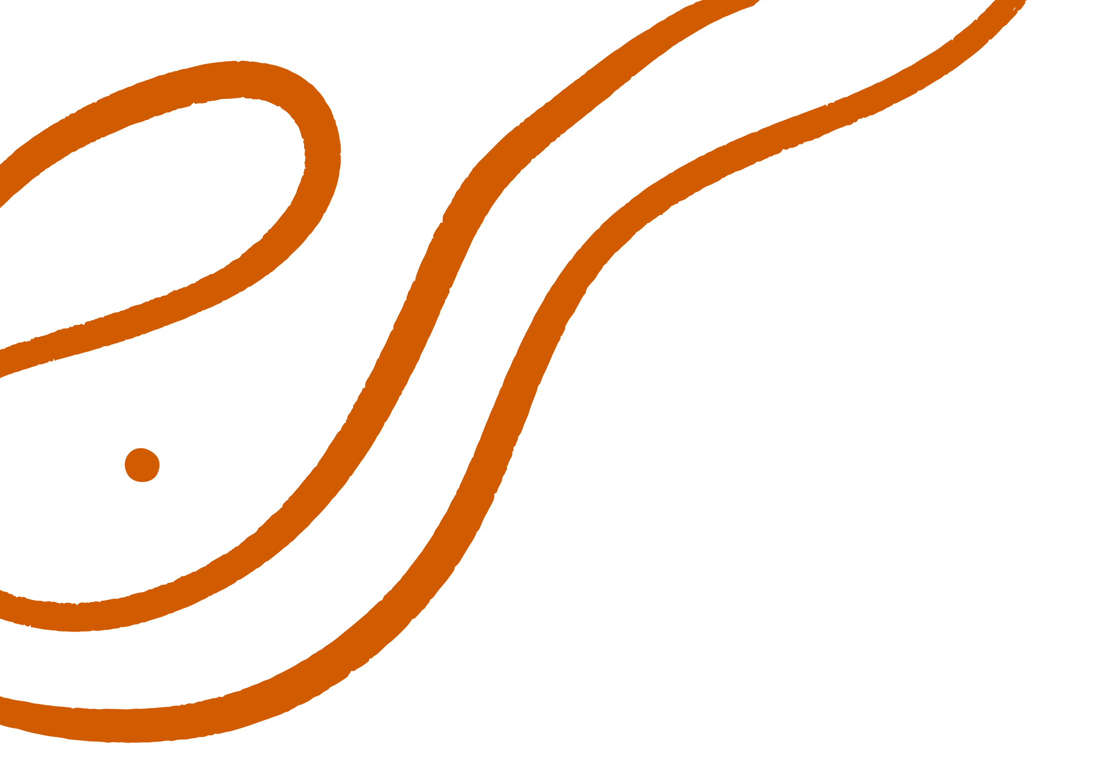 Black background with multiple orange curved lines and a small orange dot.
