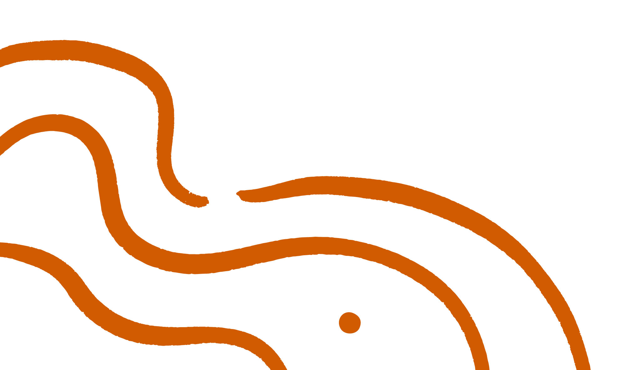 A black background with orange swirling lines and dots.