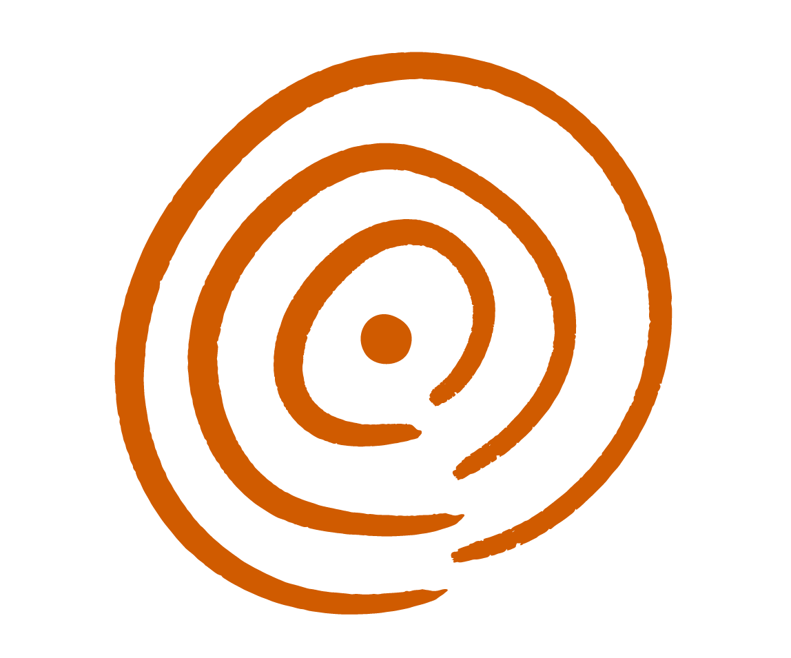 A stylized orange tree ring with concentric circles and a small central dot on a black background.