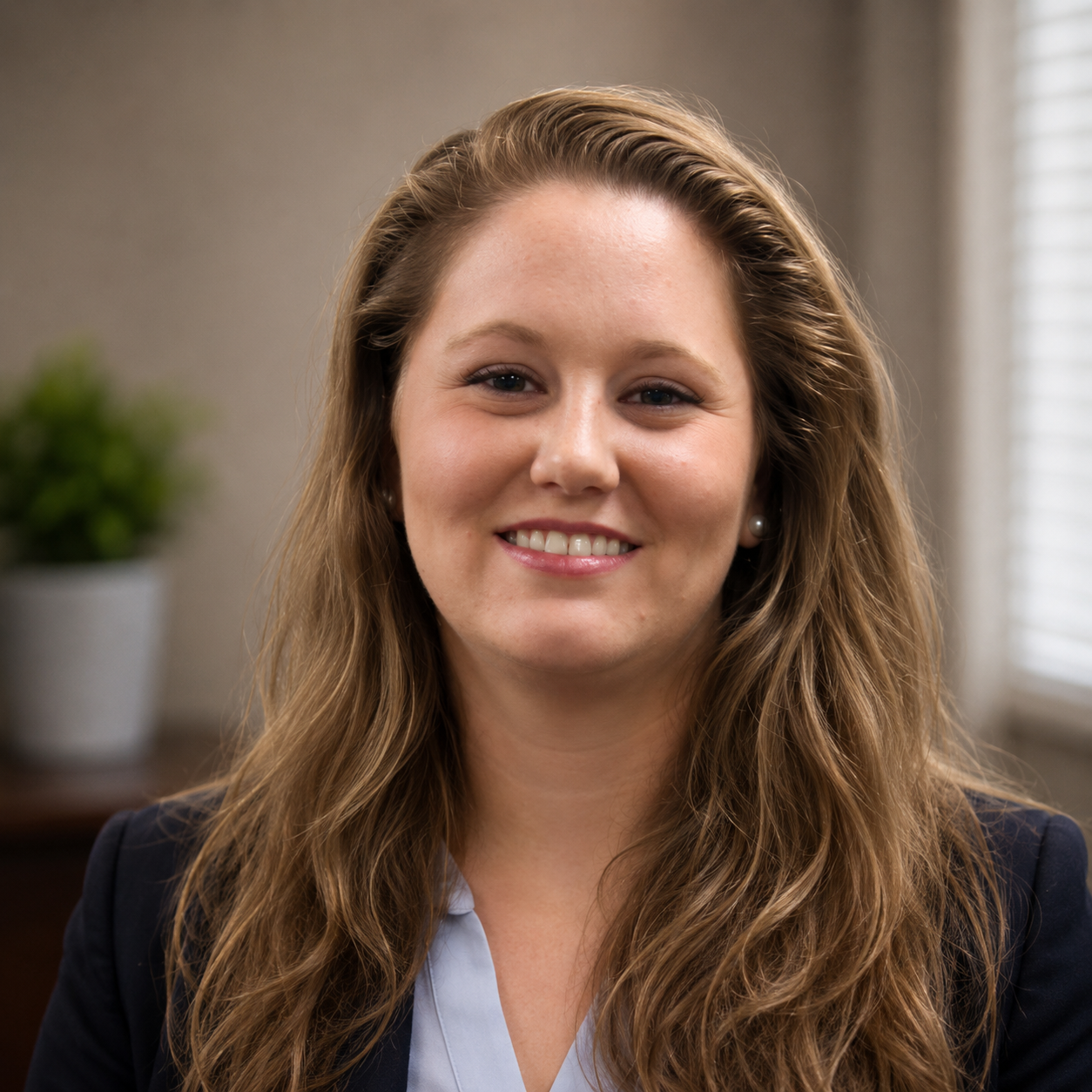 Portrait of a woman with long wavy hair, smiling, wearing a navy blazer and pearl earrings, in a professional setting.