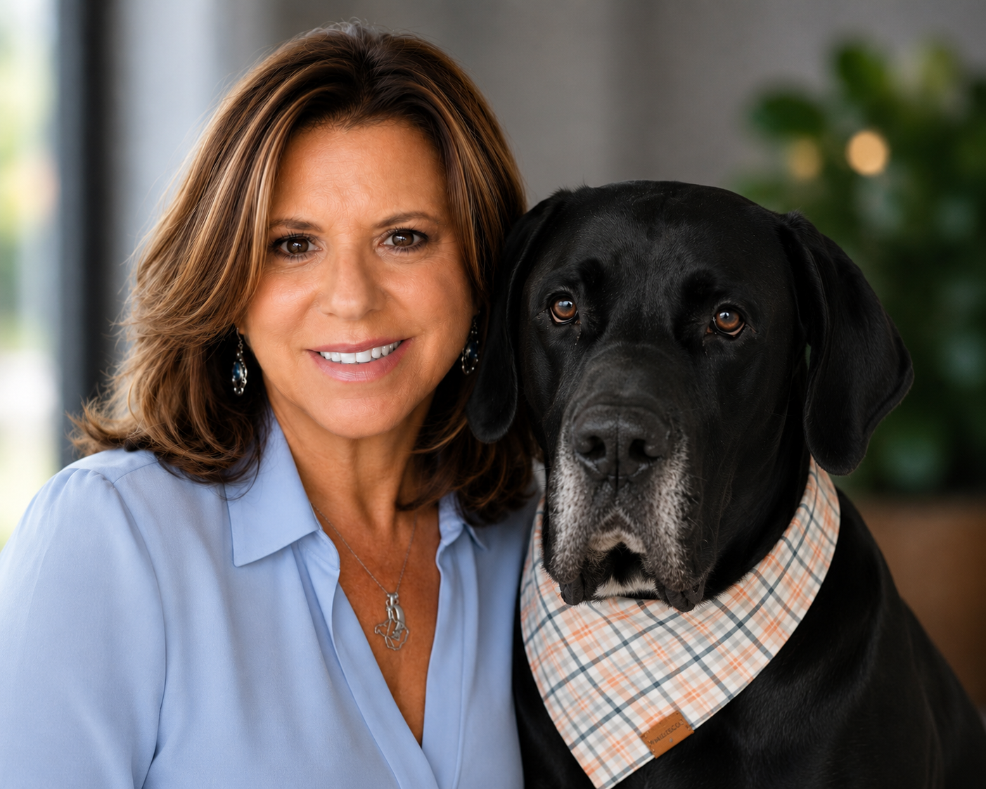 A woman with brown hair smiling and wearing a light blue shirt sitting next to a large black dog with a plaid bandana, indoors with a blurred background.