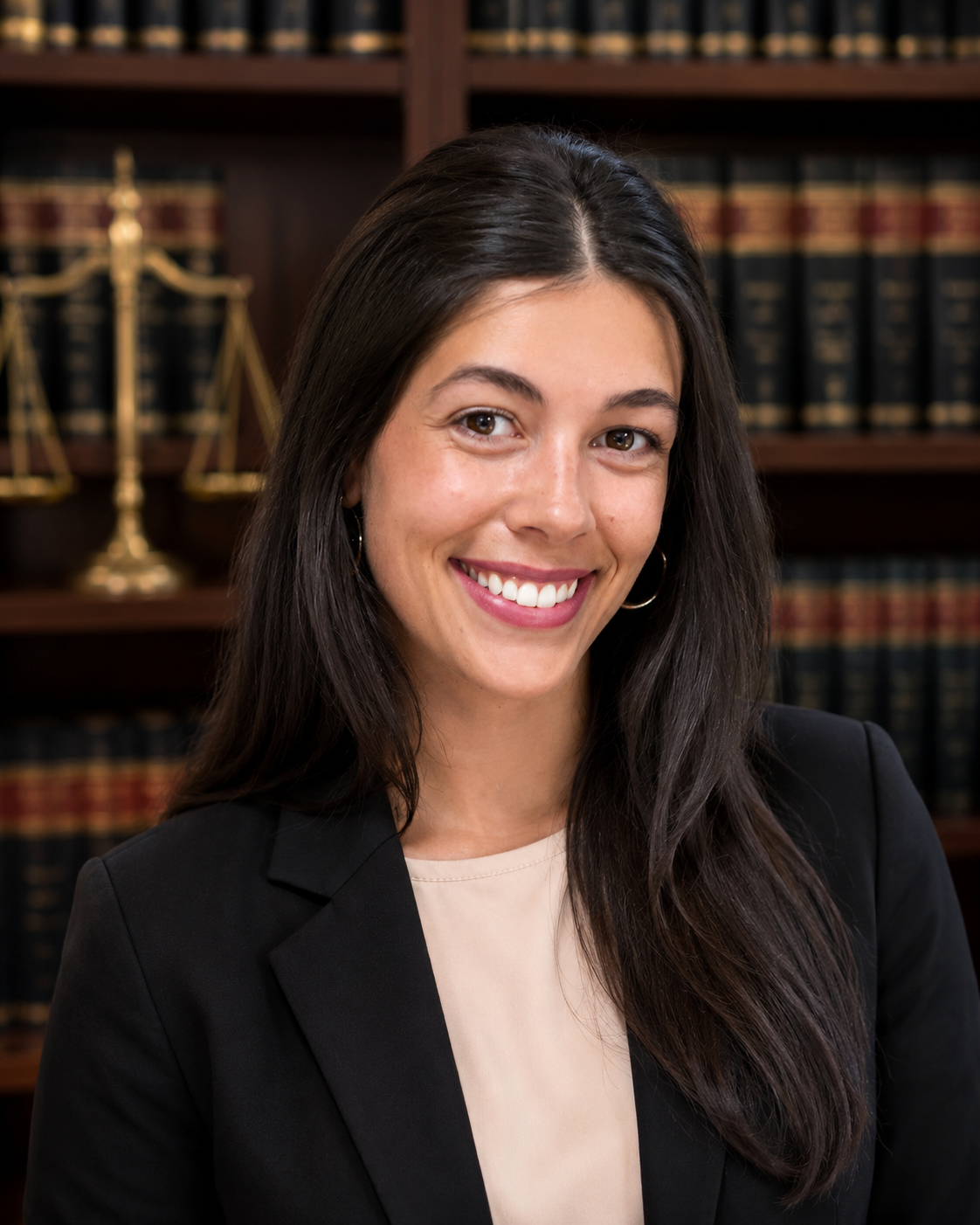 A young woman with long dark hair, wearing a black blazer and earrings, smiling in front of a bookshelf with legal books and scales of justice.