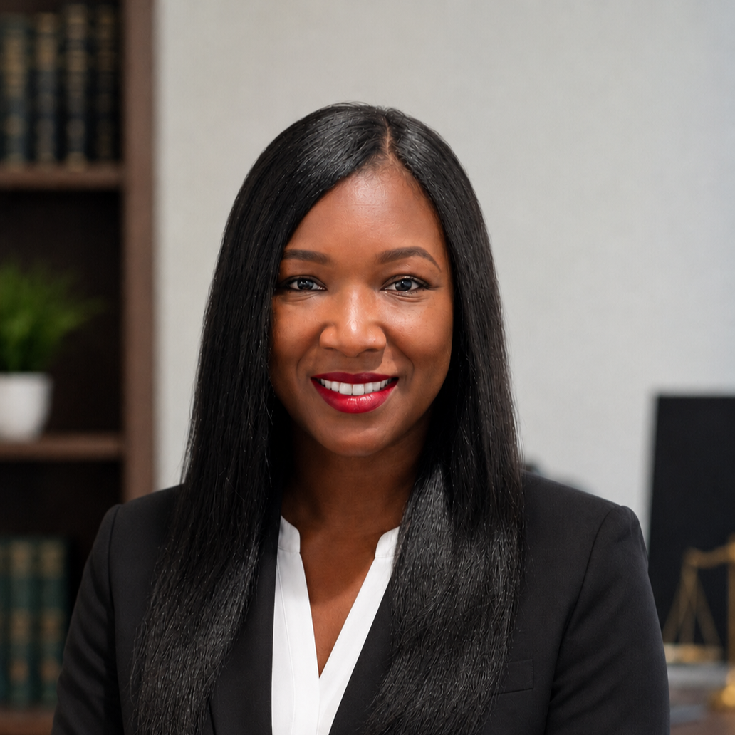 A professional woman with long black hair and red lipstick, wearing a black blazer and a white blouse, smiling in an office setting.
