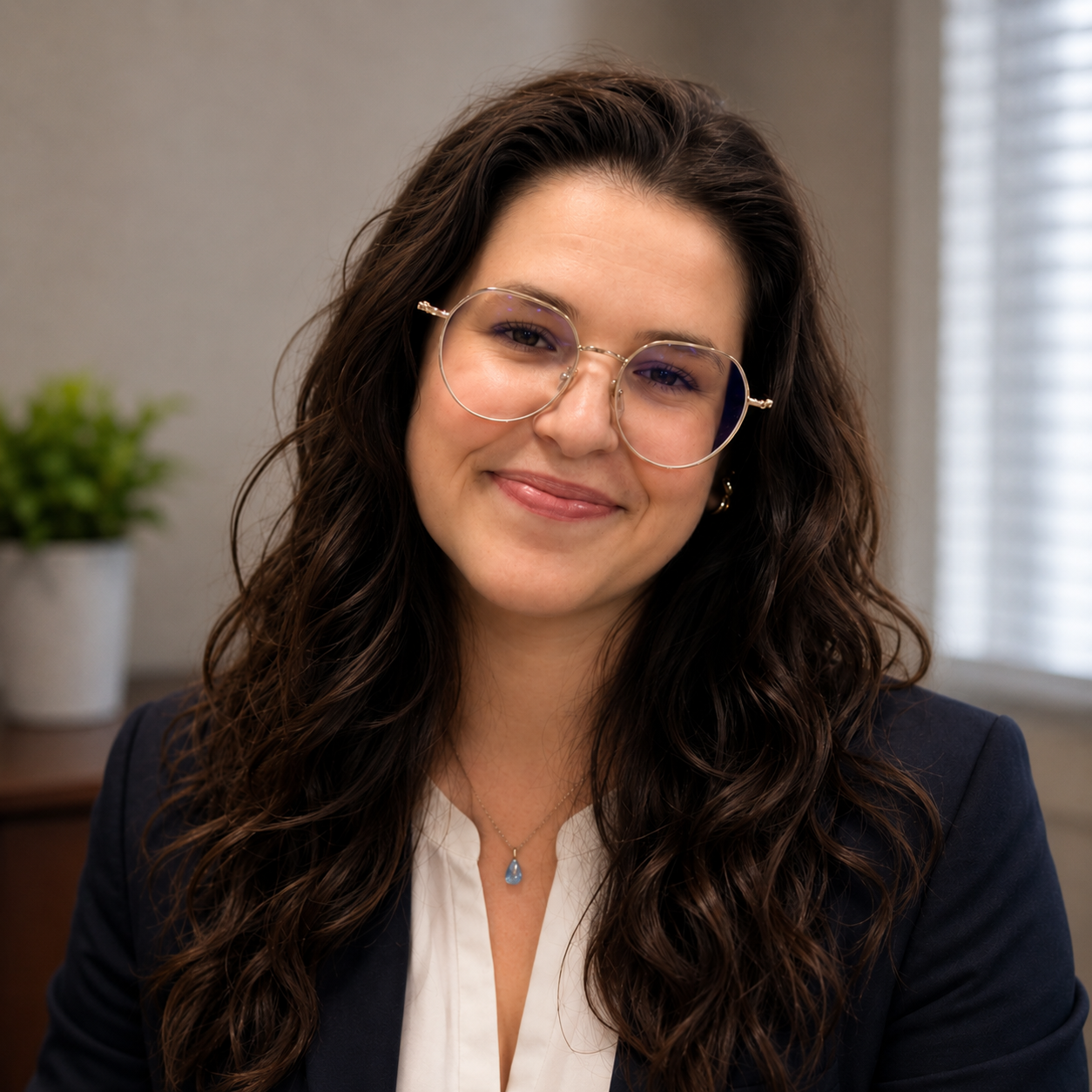 A smiling woman with long, wavy dark hair wearing glasses and business attire, sitting in an office with a window and a potted plant in the background.