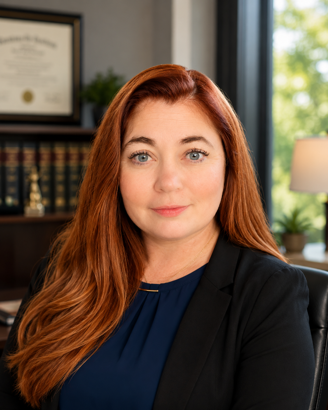 A professional woman with long red hair and blue eyes sitting in an office, with a diploma on the wall behind her and a window with greenery in the background.