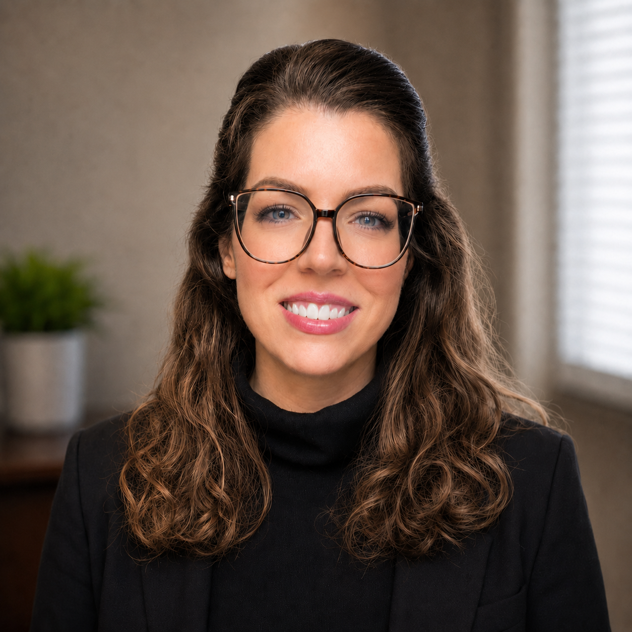A woman with long, wavy brown hair and glasses smiling at the camera, wearing a black turtleneck and blazer, in a room with a potted plant and window with blinds in the background.