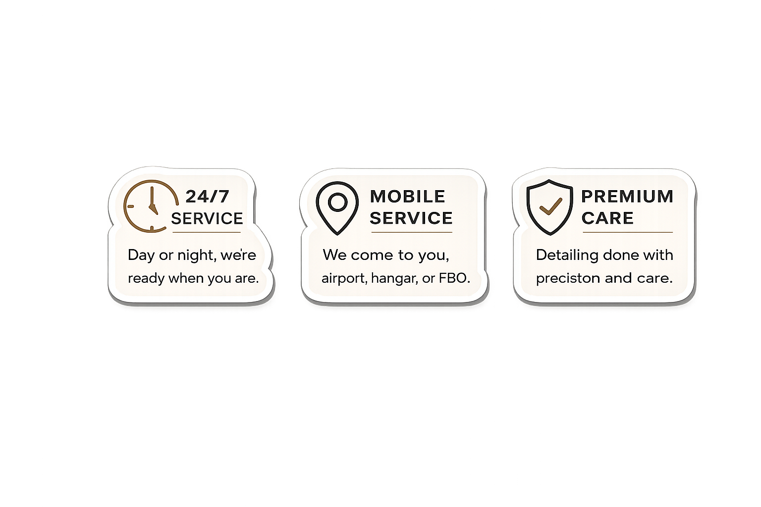 Three service options: 24/7 service with a clock icon, mobile service with a location pin icon, and premium care with a shield icon. Each has descriptions of their services.
