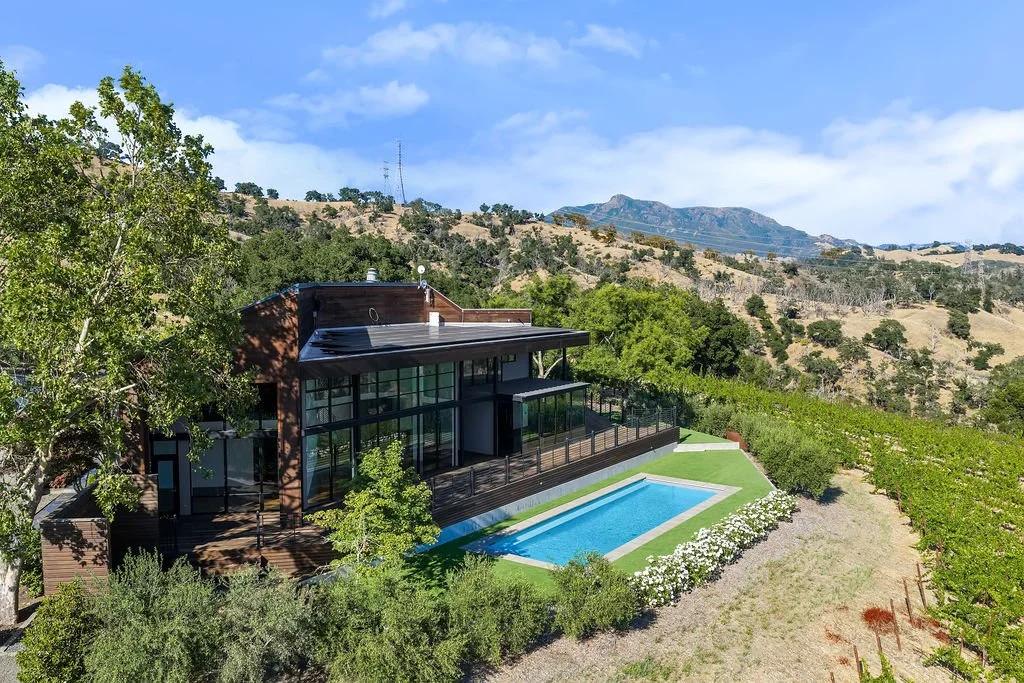 Modern house with large glass windows and a rooftop deck, surrounded by lush trees and nearby mountains. There is a rectangular swimming pool with white flowers along the edge.