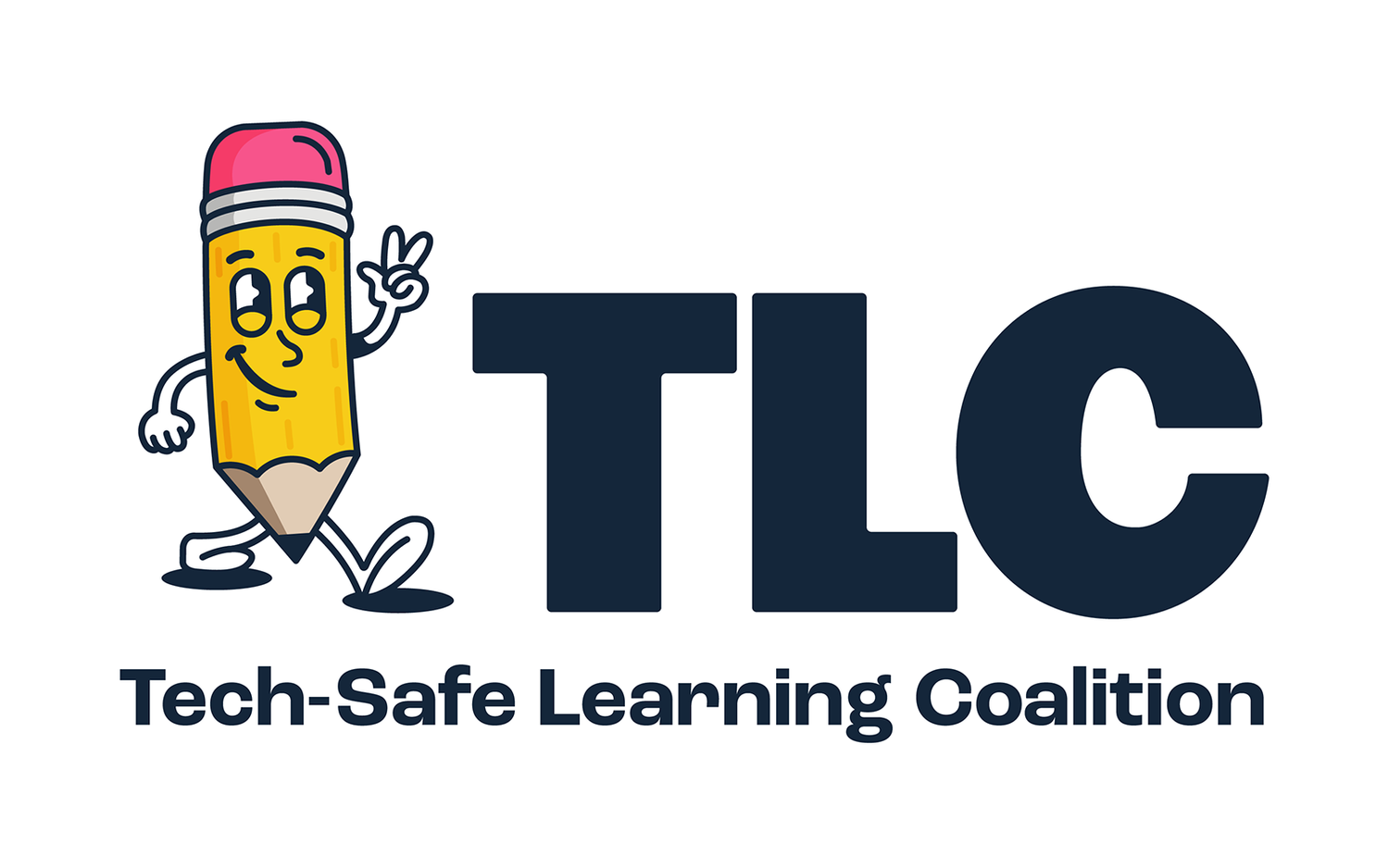 Logo of TLC, the Tech-Safe Learning Coalition, featuring a cartoon smiling pencil character with a pink eraser making a peace sign. The text 'TLC' in large dark blue letters and 'Tech-Safe Learning Coalition' underneath.