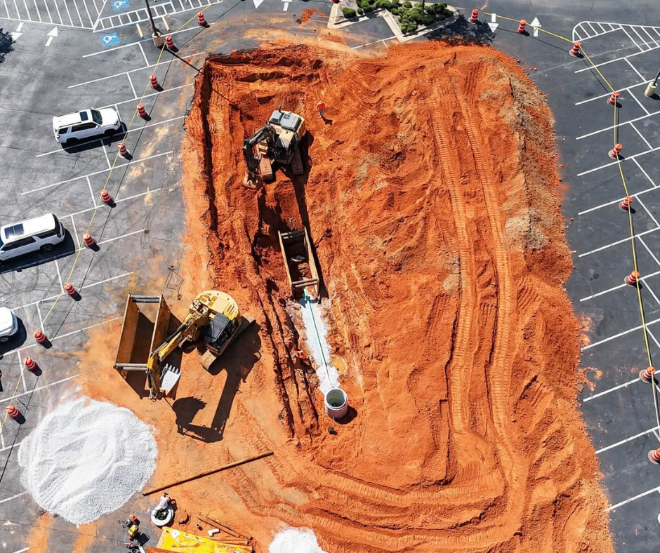 Construction site in a parking lot with excavator and yellow bulldozer digging a large rectangular hole, orange dirt surrounding the excavation, orange traffic cones and barricades marking off the area, and parked cars nearby.