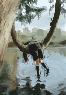 A digital painting with calm, cool atmosphere, featuring a girl laying on a hanging tree above a pond.