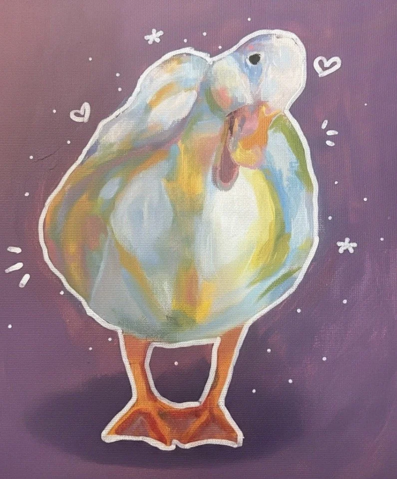 A colorful, abstract painting of a joyful duck surrounded by small white doodles on a purple background.