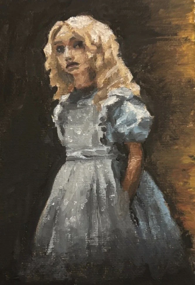 An oil painting of a young woman with blonde curly hair, wearing a light blue dress with puffy sleeves, standing against a dark background.