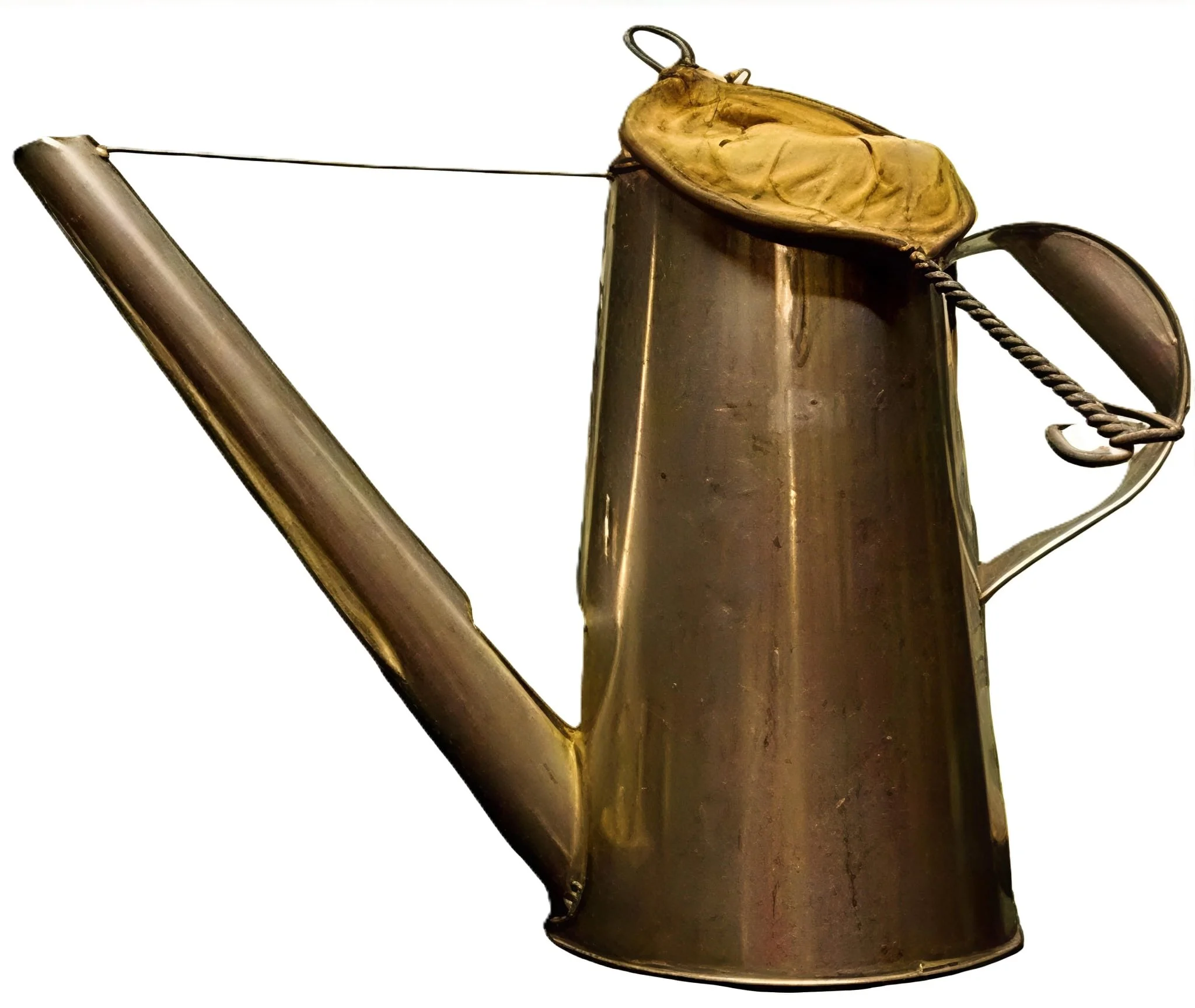 A used coffee kettle with a stained coffee sock filter due to repeated use, the kettle can has a spout, a handle, seen against a plain white background.