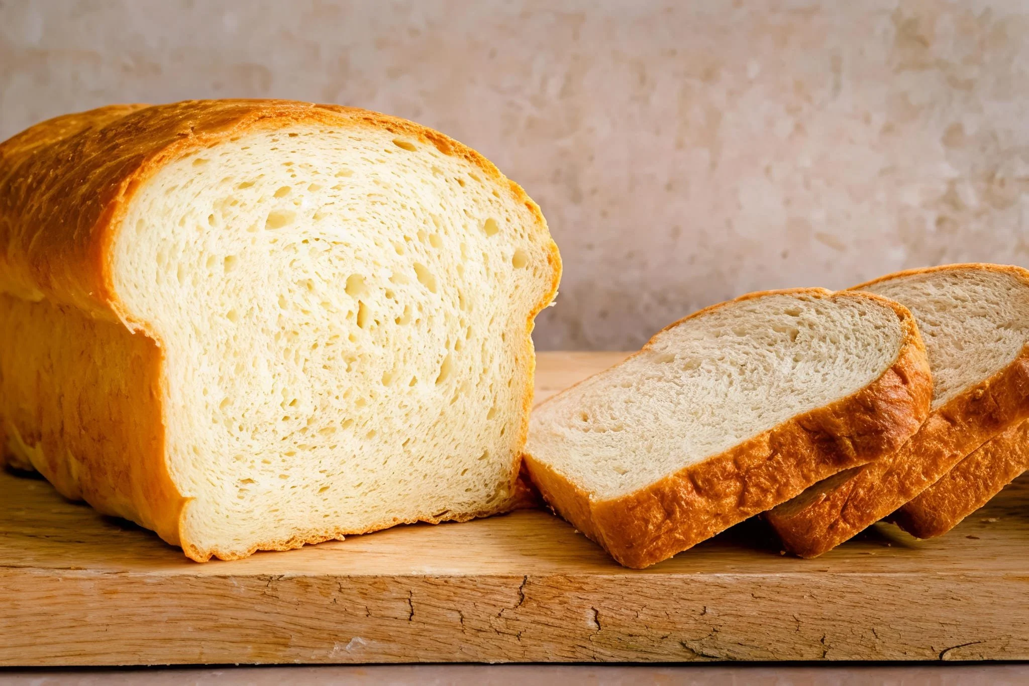 Sliced loaf of white bread on a wooden cutting board with a gray textured background.