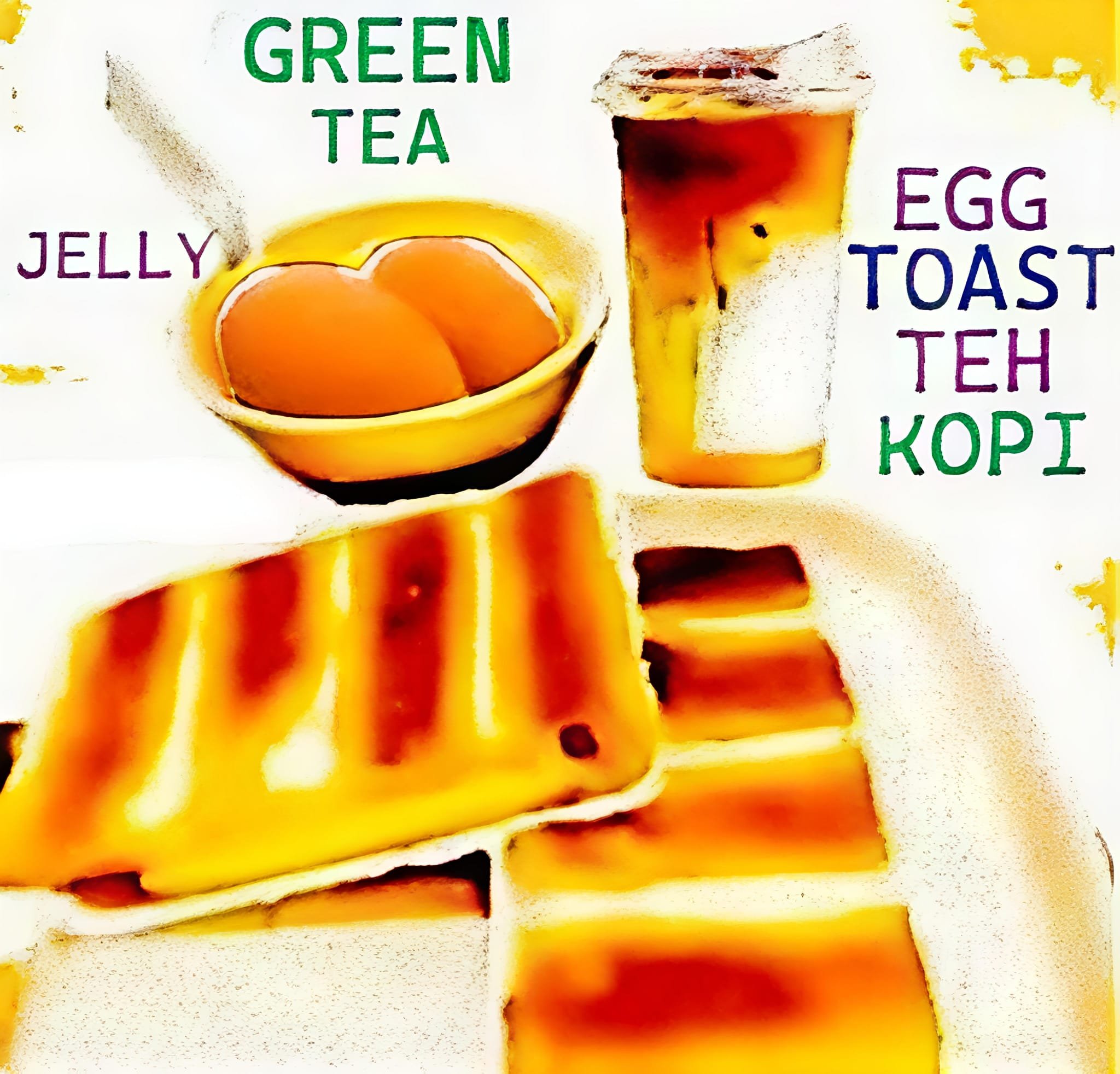 Illustration of a breakfast plate with 2 eggs, milk coffee and toast.