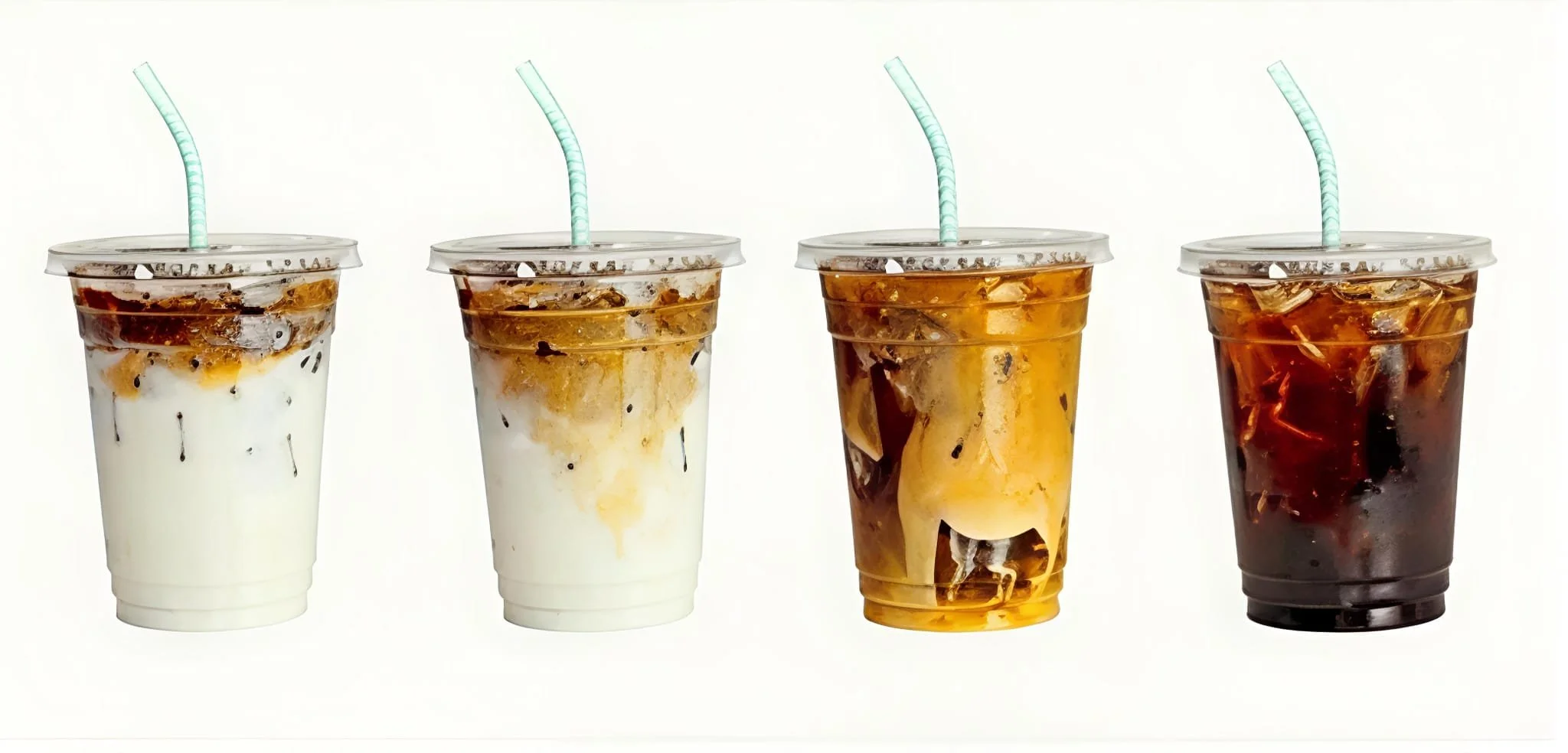 Four cups of iced coffee with straws, varying from white milk-based to dark coffee with ice
