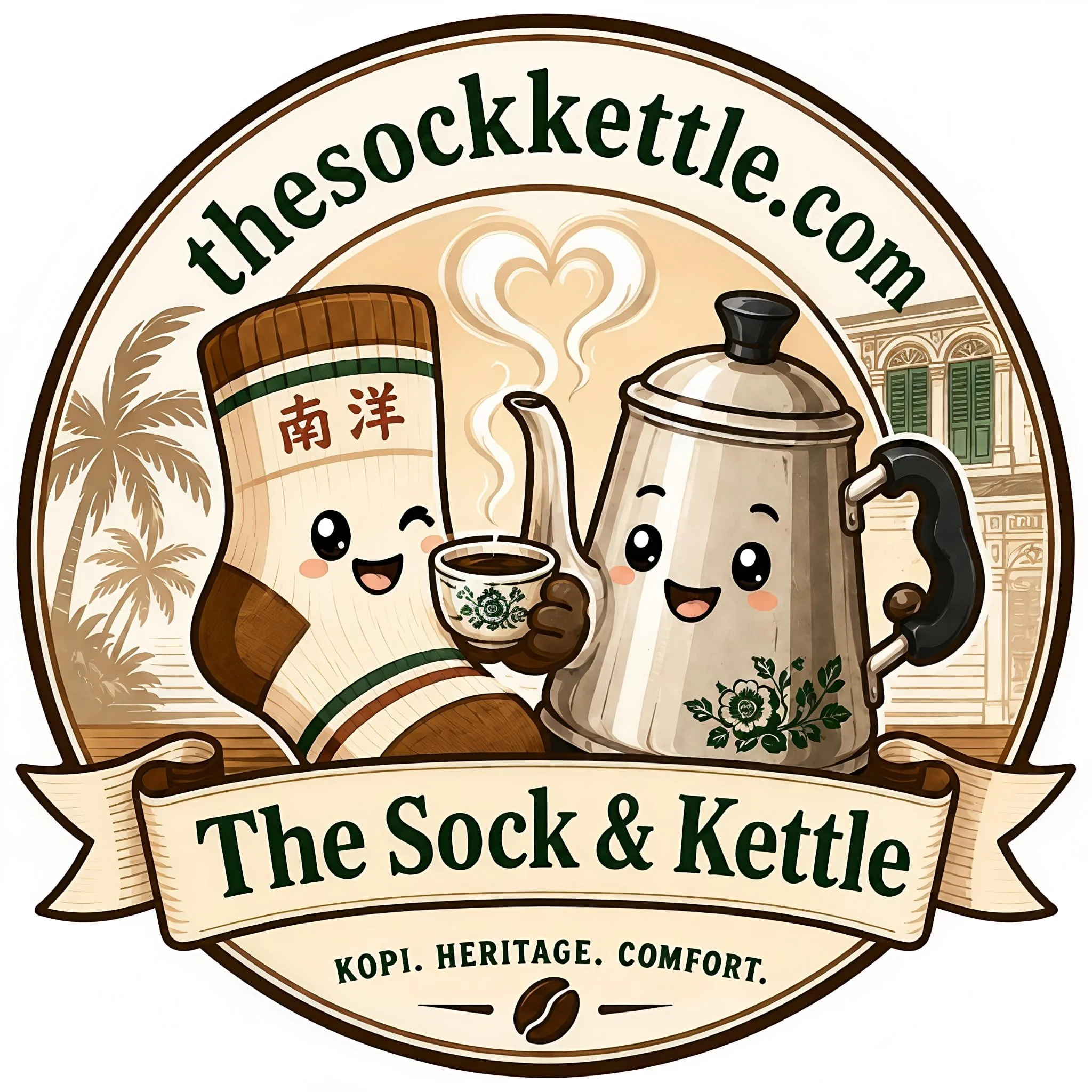 Logo for The Sock & Kettle featuring a smiling sock and kettle, with tree and cityscape in the background, and text indicating a heritage, comfort, and coffee theme.