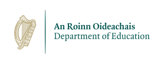 Logo for the Department of Education featuring a stylized outline of the island of Ireland, with the text 'An Roinn Oideachais Department of Education'.