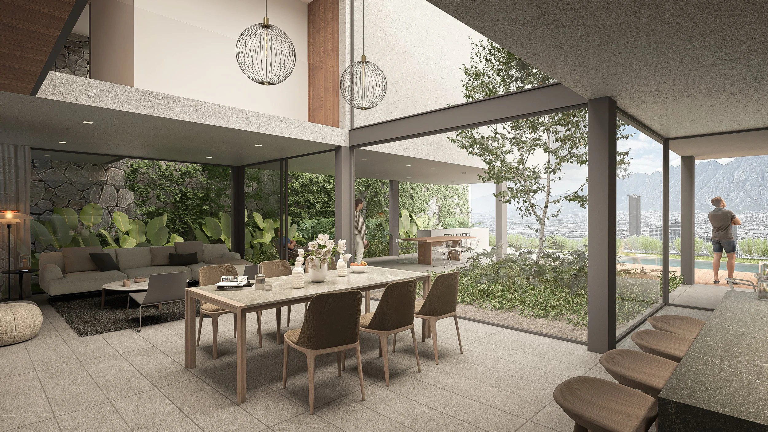 Indoor-outdoor living space surrounding an interior courtyard tree with pendant light fixtures