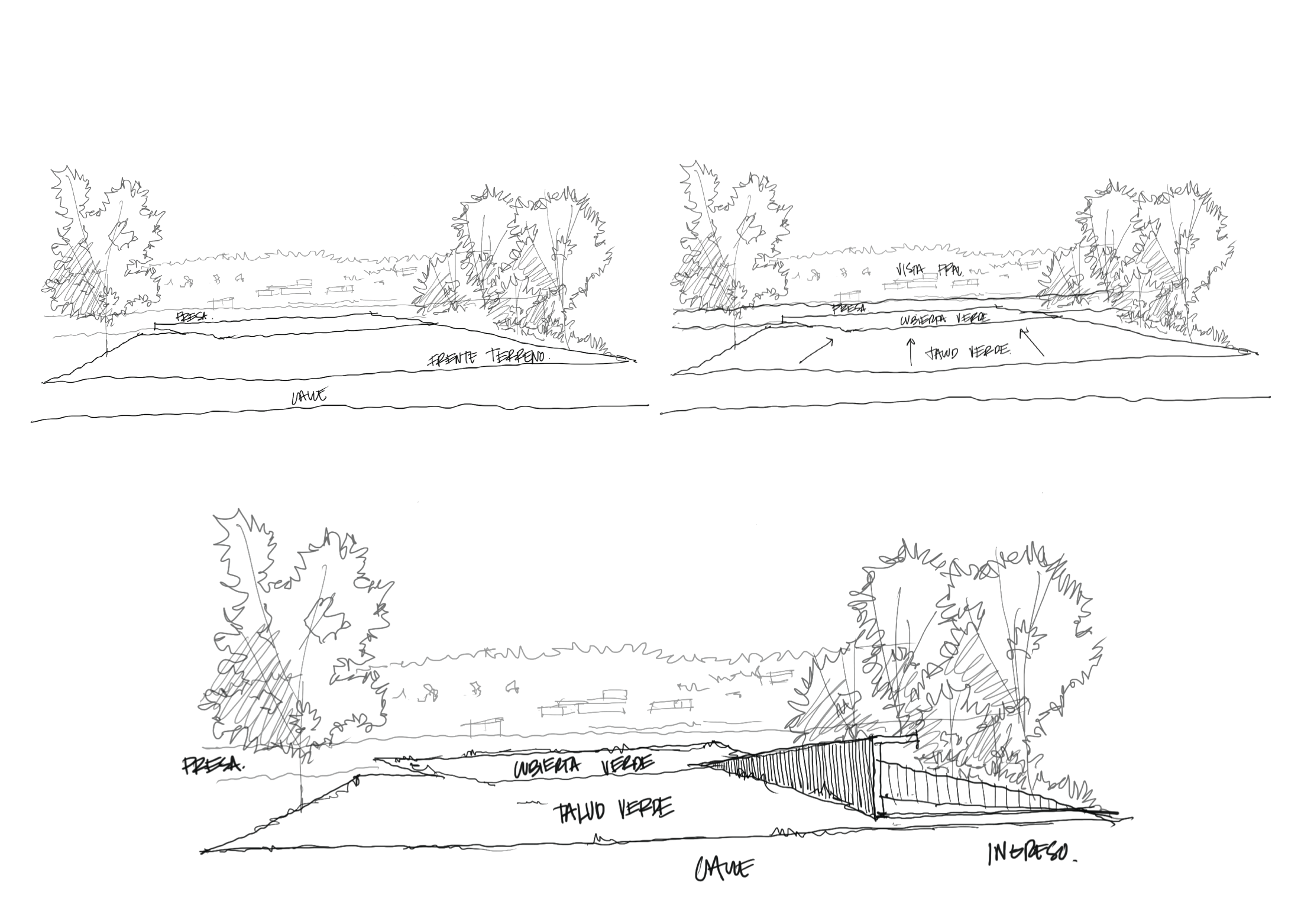 Hand-drawn architectural concept sketches, site plans, and cross-section diagrams for Ferreria House