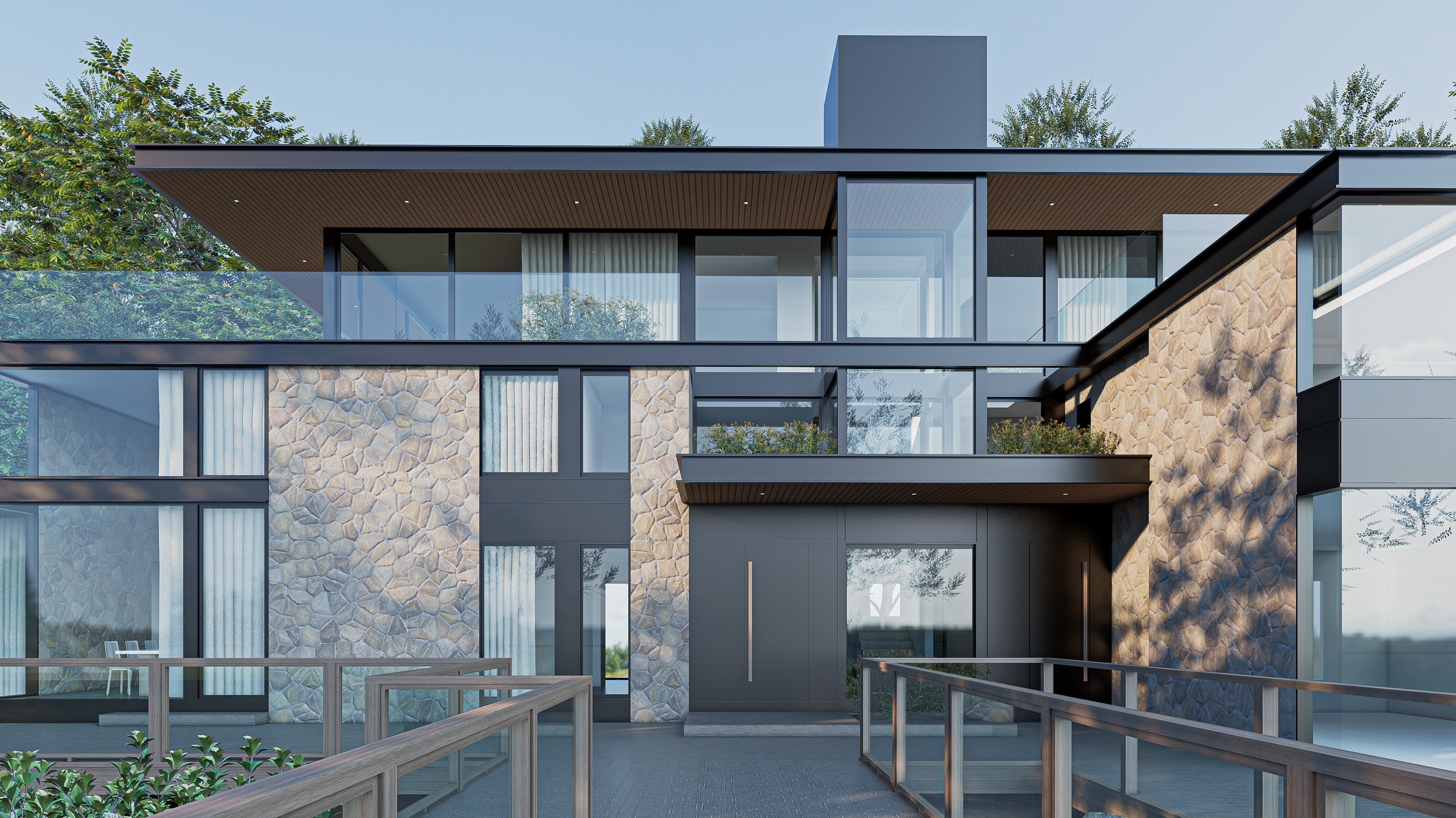 Allan Estate Road front entrance with natural stone cladding and elevated walkway