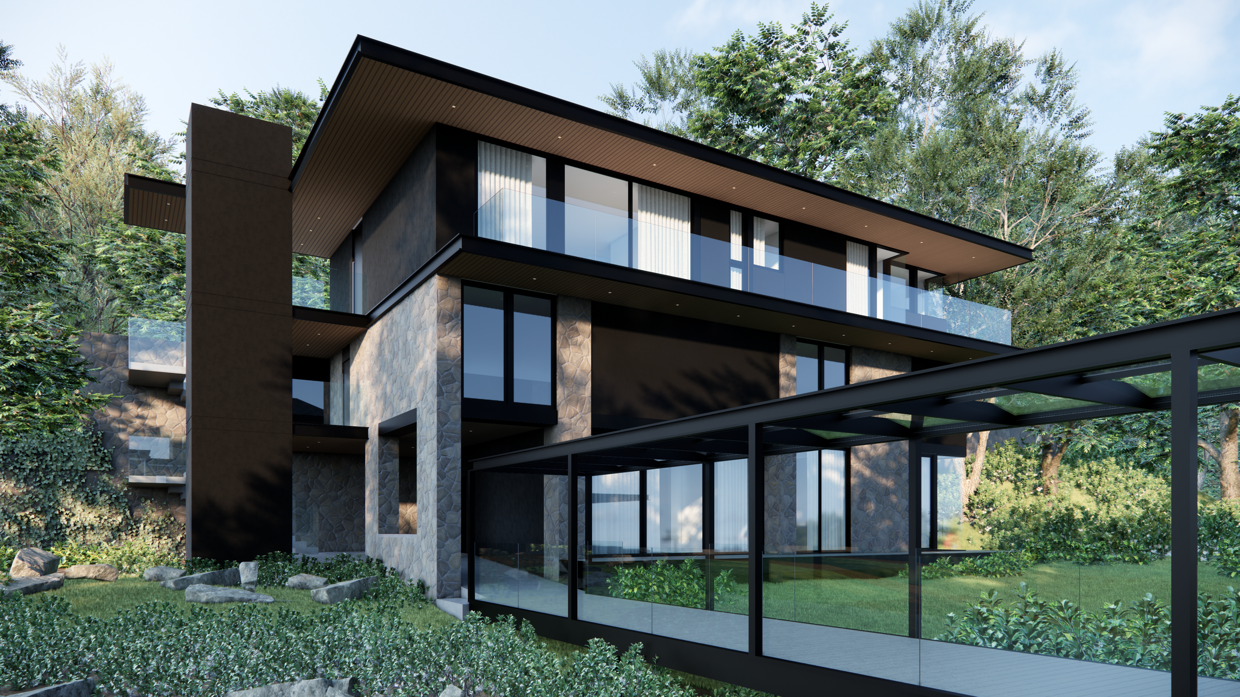 Allan Estate Road covered glass walkway leading to multi-story stone facade