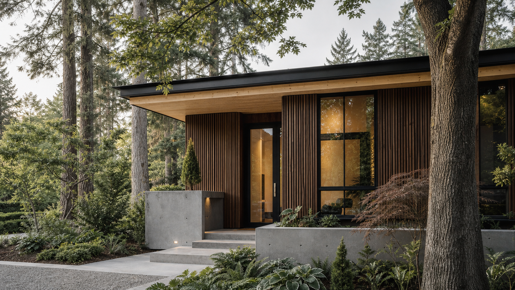 Modern house with large glass windows, wooden vertical slats, concrete steps, surrounded by lush greenery and tall trees.