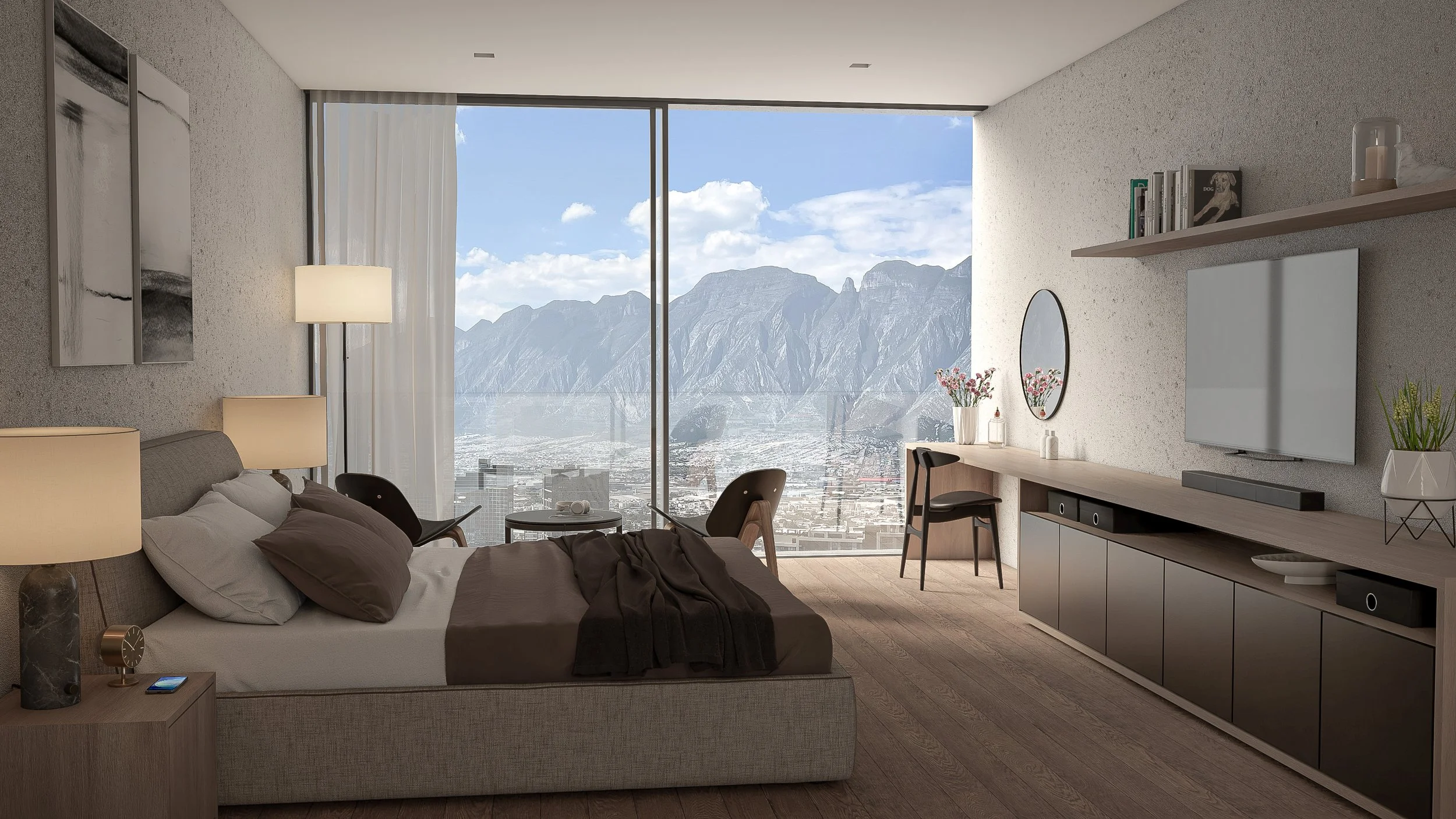 Minimalist master bedroom with floor-to-ceiling glass windows offering panoramic city skyline views