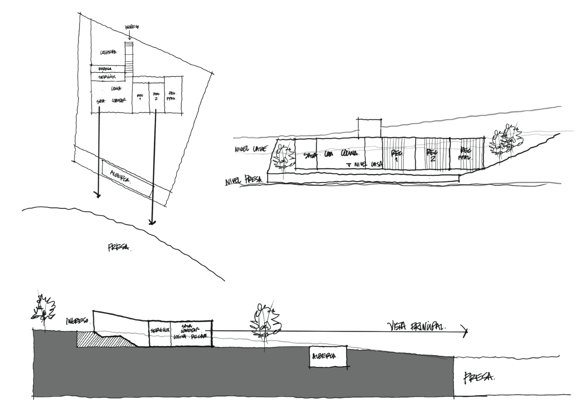 Hand-drawn architectural concept sketches, site plans, and cross-section diagrams for Ferreria House