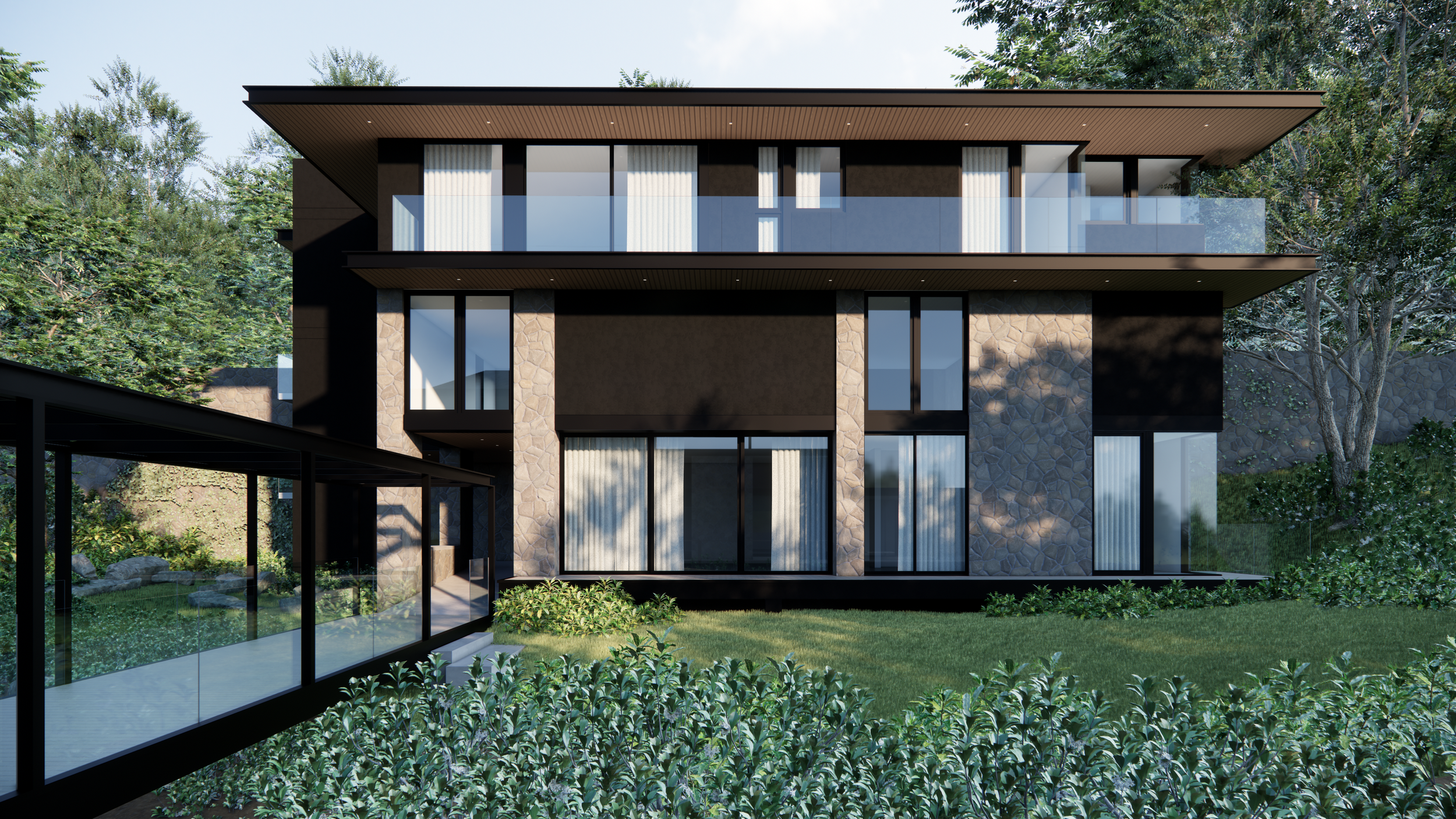 Allan Estate Road rear facade featuring floor-to-ceiling glass and sloping lawn