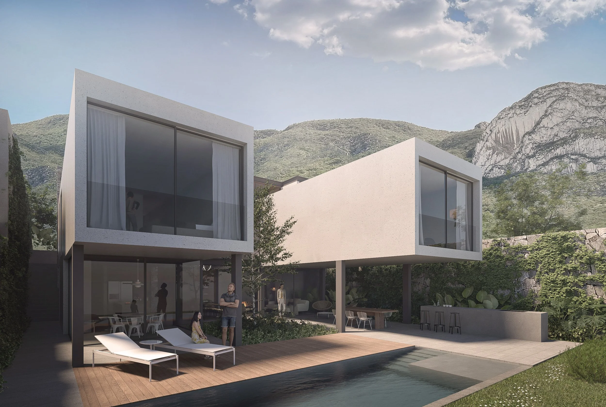 Angled view of GG House showing cantilevered bedroom modules, swimming pool, and stone courtyard wall