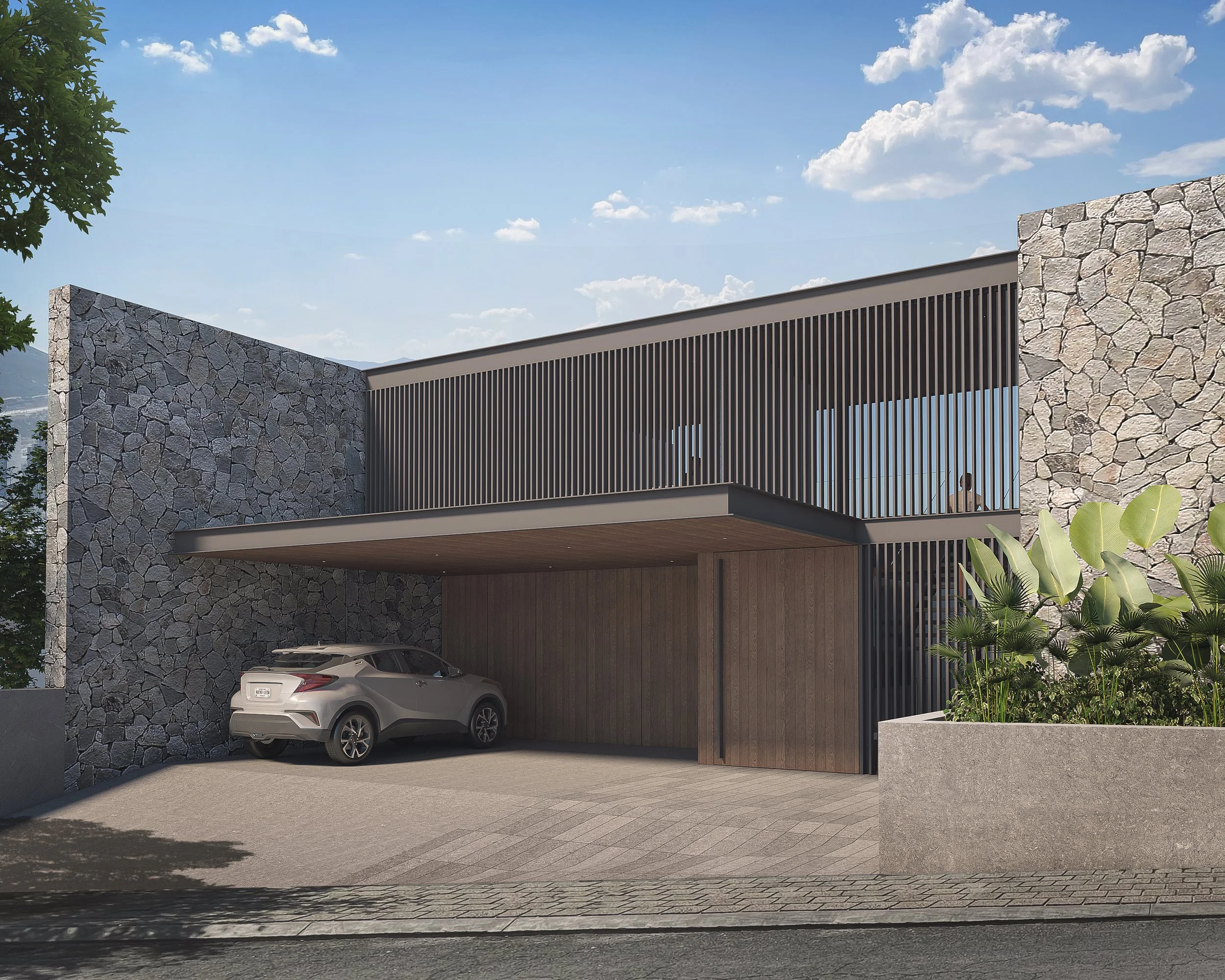 Front facade of GG House with natural stone walls, wood slatted screen, and covered garage entrance